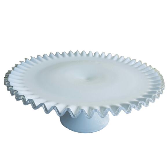 Vtg Fenton Silver Crest Ruffled Milk Glass Pedestal Cake Stand Plate Scalloped - Picture 15 of 15